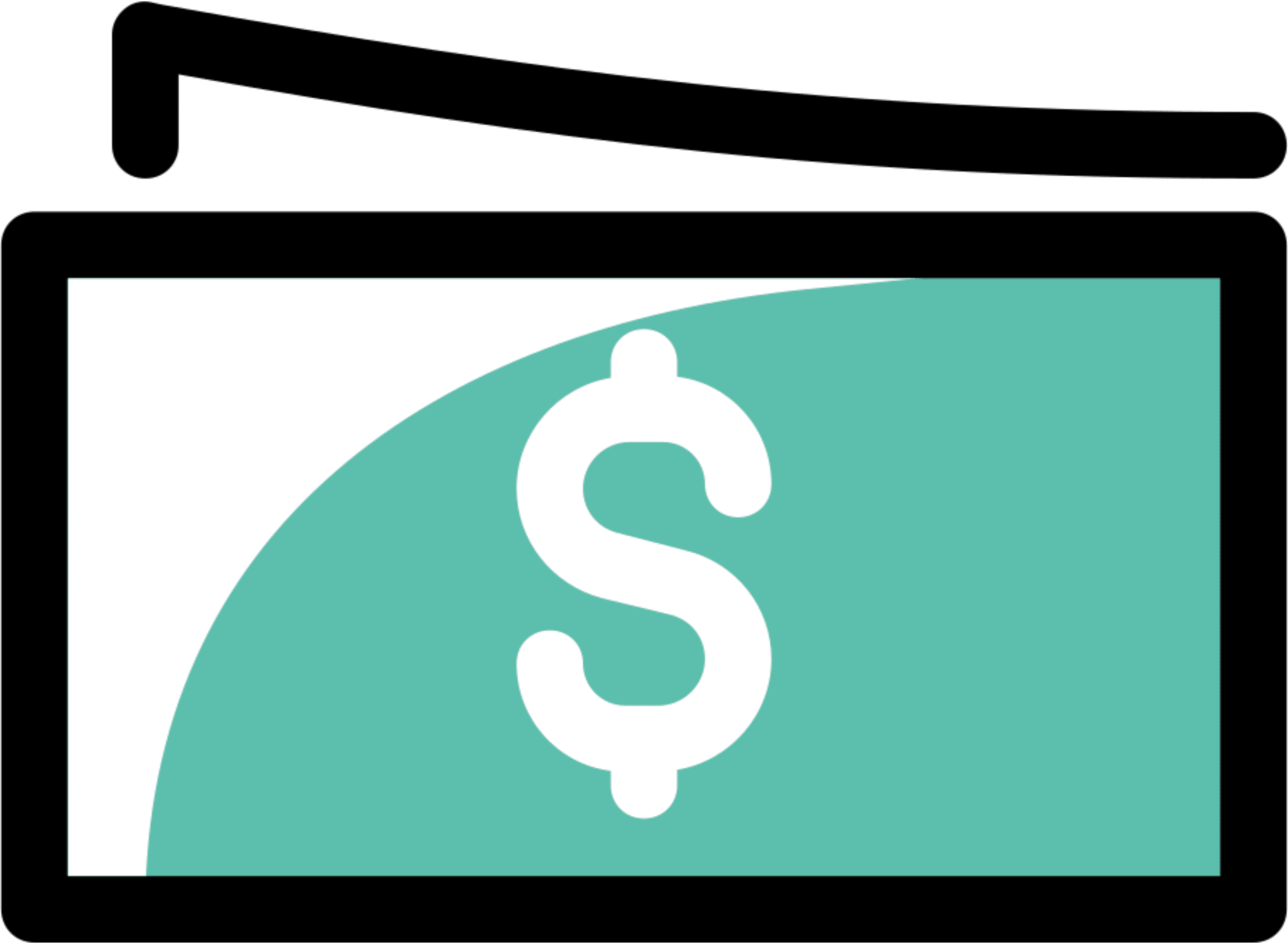 A stylized icon showing a dollar sign inside a rectangle, representing money, with a curved arrow above it pointing left, suggesting a financial return or refund.