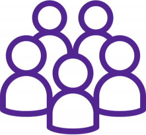 A simple purple icon of five human figures grouped together on a solid blue background, representing a group or community.