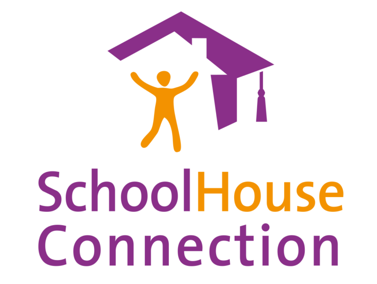 Logo for SchoolHouse Connection with a purple house shape above an orange figure with raised arms. The words SchoolHouse Connection appear below in purple and orange text.