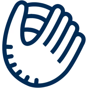 A simplified, stylized baseball glove icon in white with a bold dark blue outline, featuring stitching details on the palm and an open shape suggesting readiness to catch a ball.