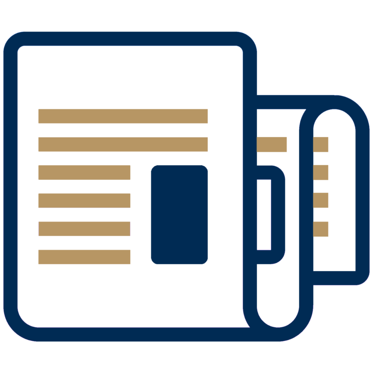 Icon of two overlapping newspapers, outlined in dark blue. Both papers feature horizontal gold lines representing text and a solid dark blue rectangle symbolizing an image or headline on the front page.