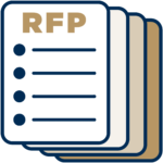 Icon of a stack of documents, with the top page labeled RFP in large gold letters and four bullet points below it, representing a request for proposal form.