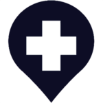 A dark blue map pin icon with a white medical cross in the center, symbolizing a healthcare or hospital location.