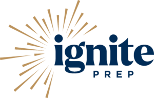 Logo for Ignite Prep featuring the word ignite in bold navy blue letters with gold rays radiating from the letter i, and the word PREP below in smaller navy blue text.
