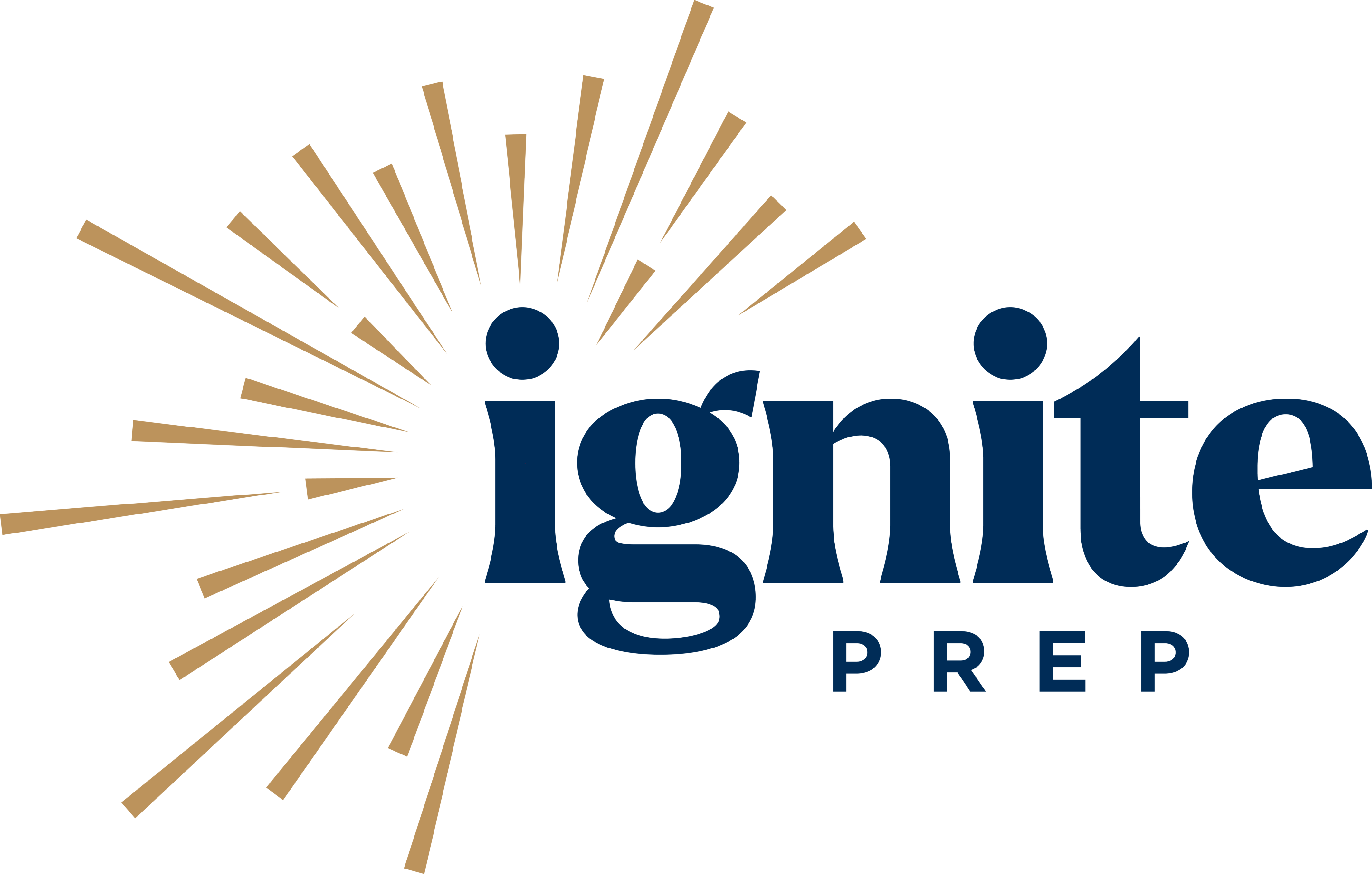 Logo for Ignite Prep featuring the word ignite in bold navy blue letters with gold rays radiating from the letter i, and the word PREP below in smaller navy blue text.